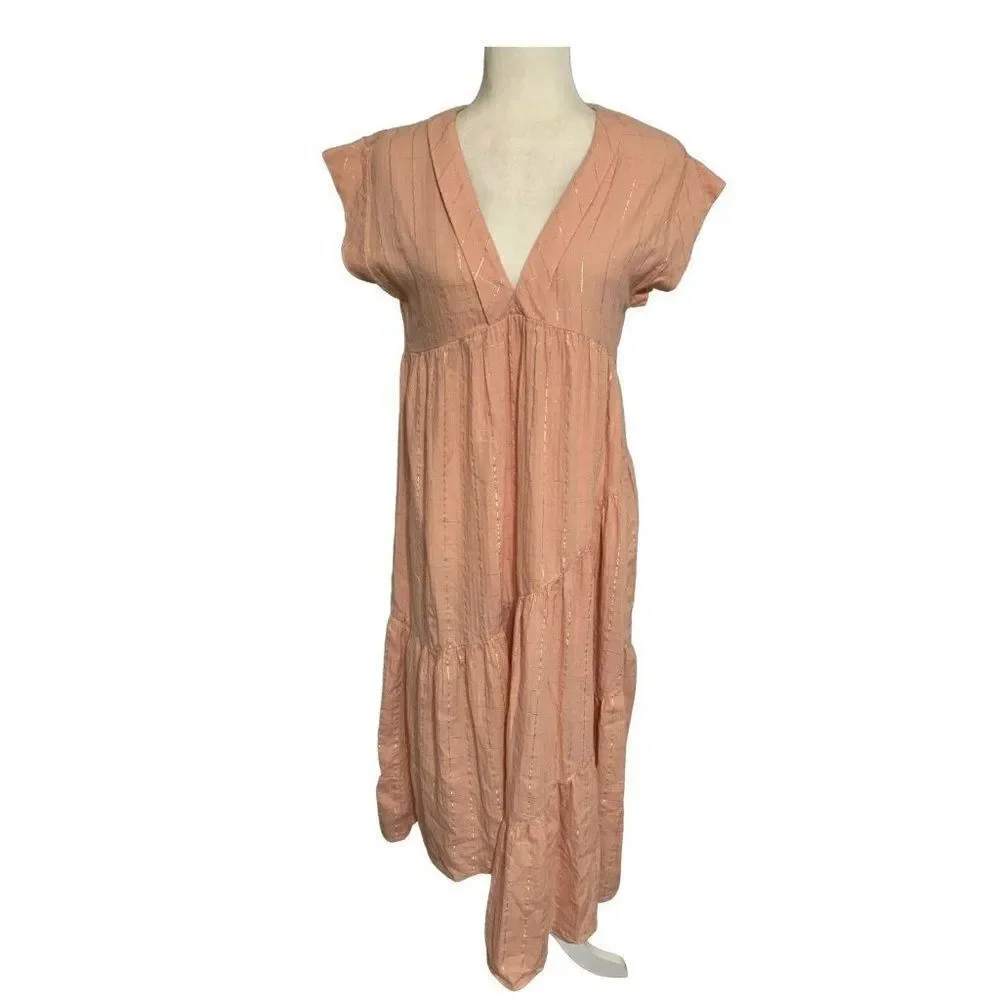 zara womens pink metallic short sleeve v neck midi dress small